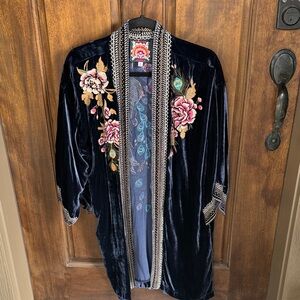 Johnny Was Navy Velvet Kimono with Floral Embroidery